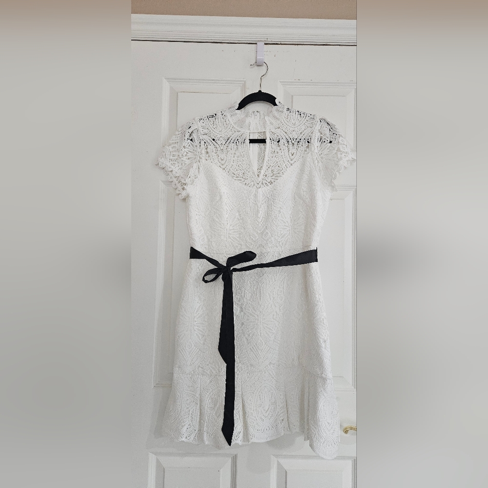 White House Black Market White Lace Dress with Black Waist Tie